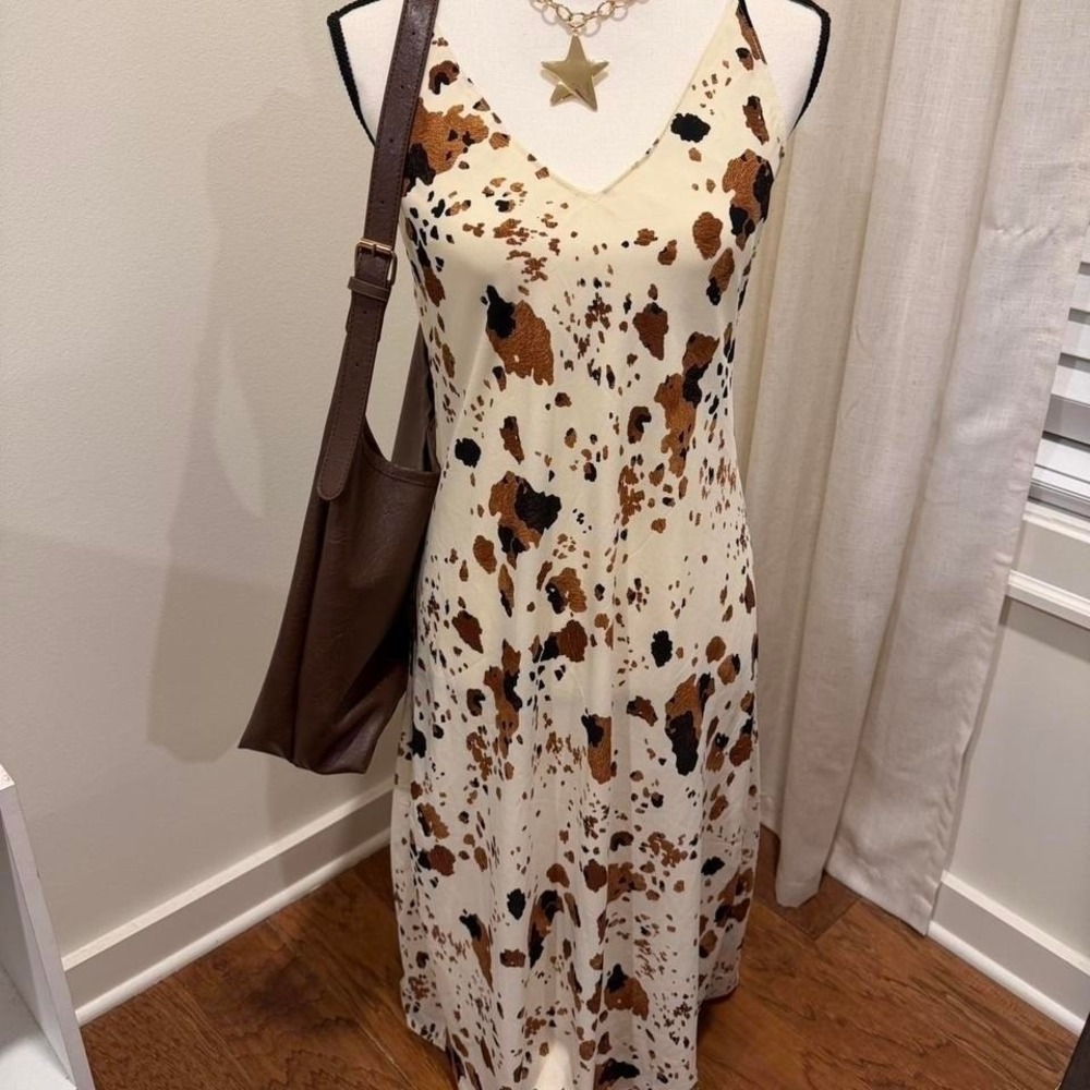 BuddyLove Cow Print Maxi Dress Western Boho Animal Print Cross Back Slip Medium